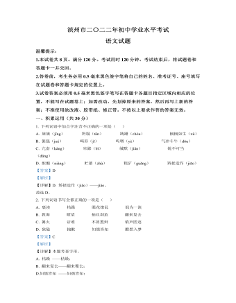 2022年山东省滨州市中考语文真题（精美解析版）