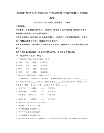 2022年四川省宜宾市中考语文真题（订稿原卷版）