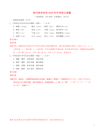 四川省宜宾市2016年中考语文真题（最全含解析）