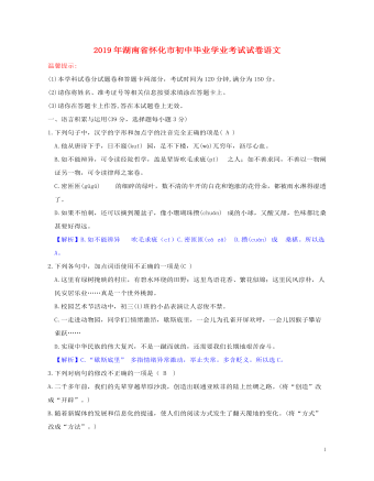 湖南省怀化市2019年中考语文真题试题（定制版含解析）