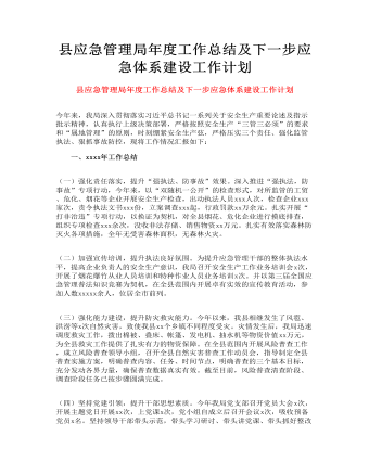 县应急管理局年度工作总结及下一步应急体系建设工作计划（完美版）