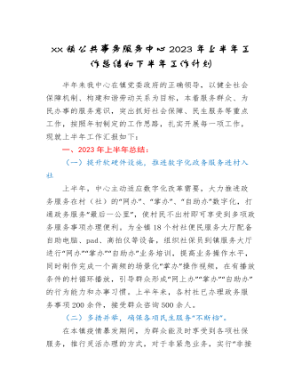 xx镇公共事务服务中心2023年上半年工作总结和下半年工作计划(最终版)